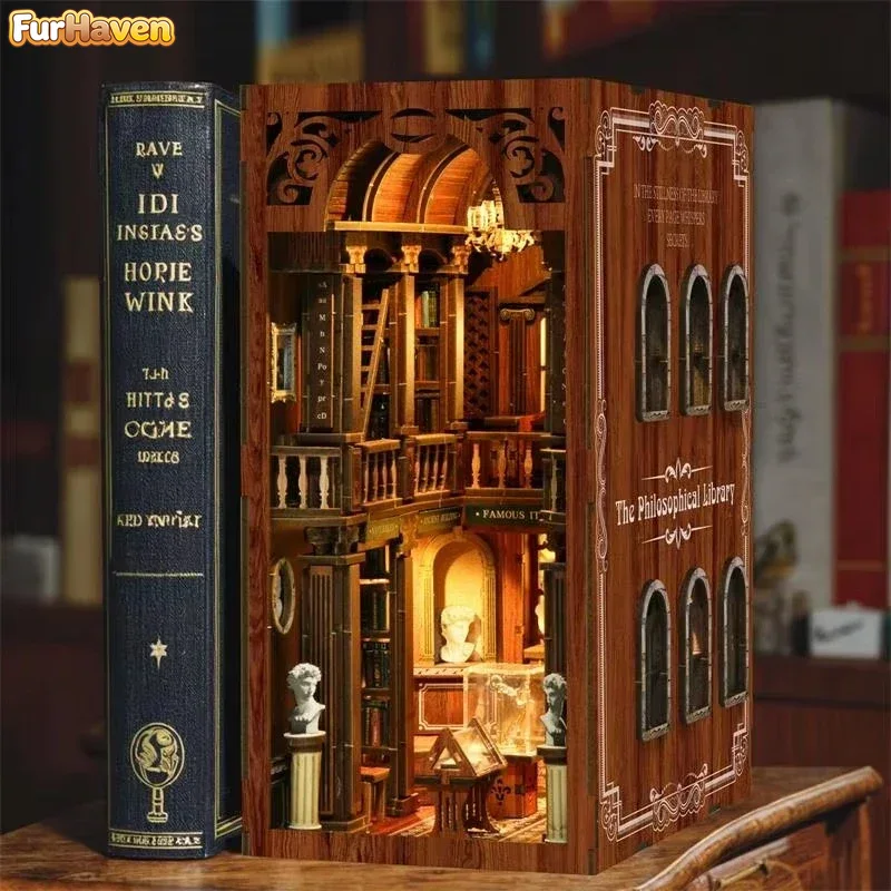 Diy Wooden Book Nook Kit Shelf Insert - The philosophical Library Bookshelf Home Decoration,